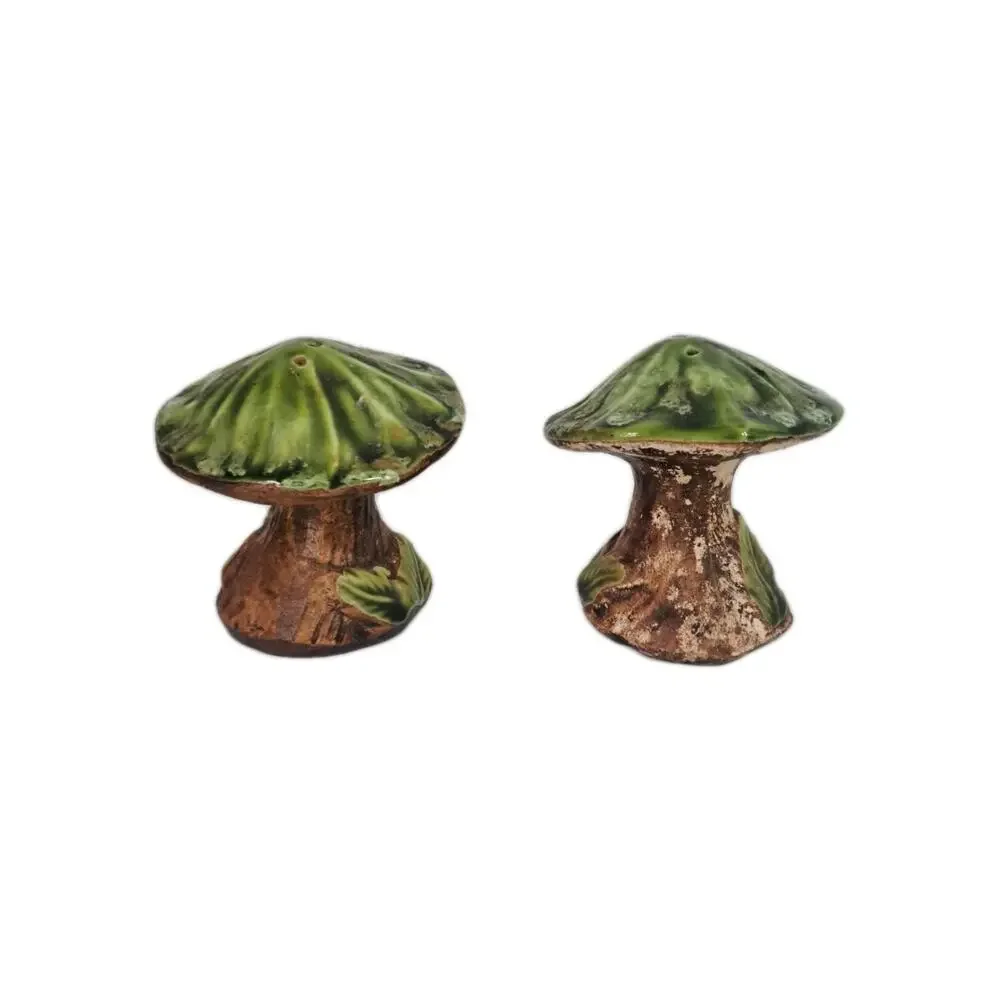 Vintage Mushroom Salt & Pepper Shakers Green Brown Fungi 2.5